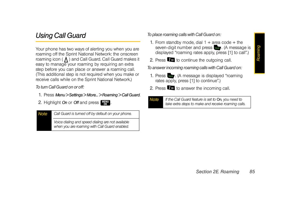 Samsung Z400 manual Using Call Guard, ToturnCallGuardonoroff, ToanswerincomingroamingcallswithCallGuardon 