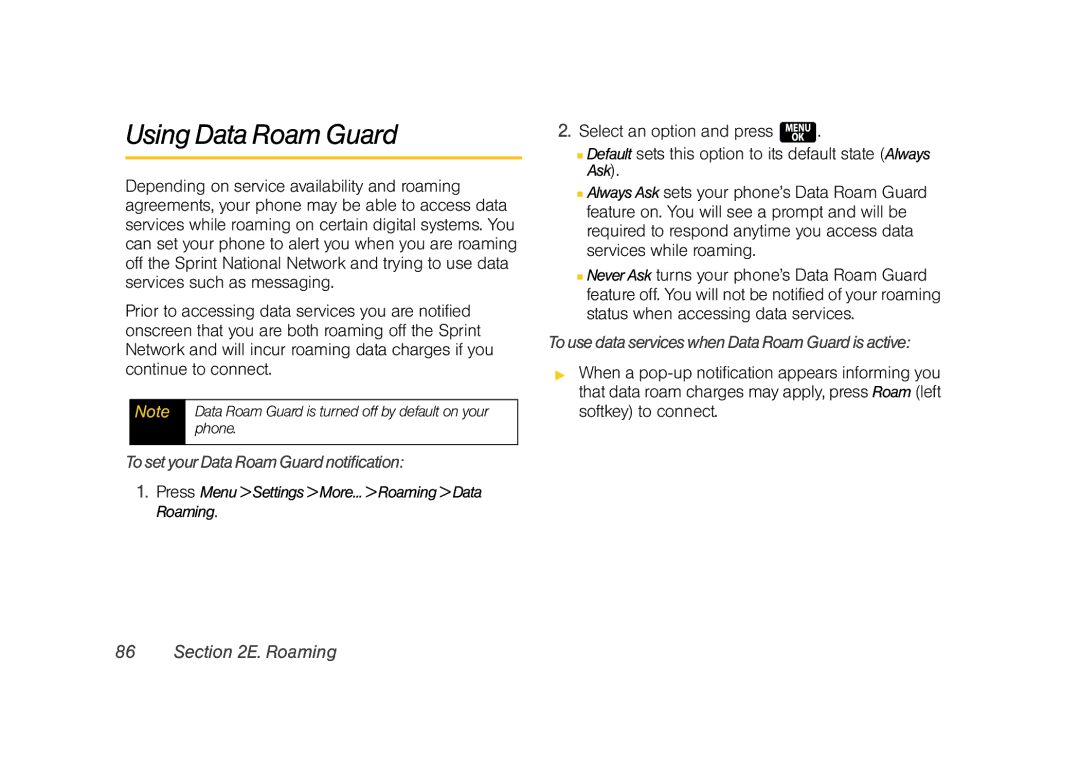 Samsung Z400 manual Using Data Roam Guard, TosetyourDataRoamGuardnotification, TousedataserviceswhenDataRoamGuardisactive 