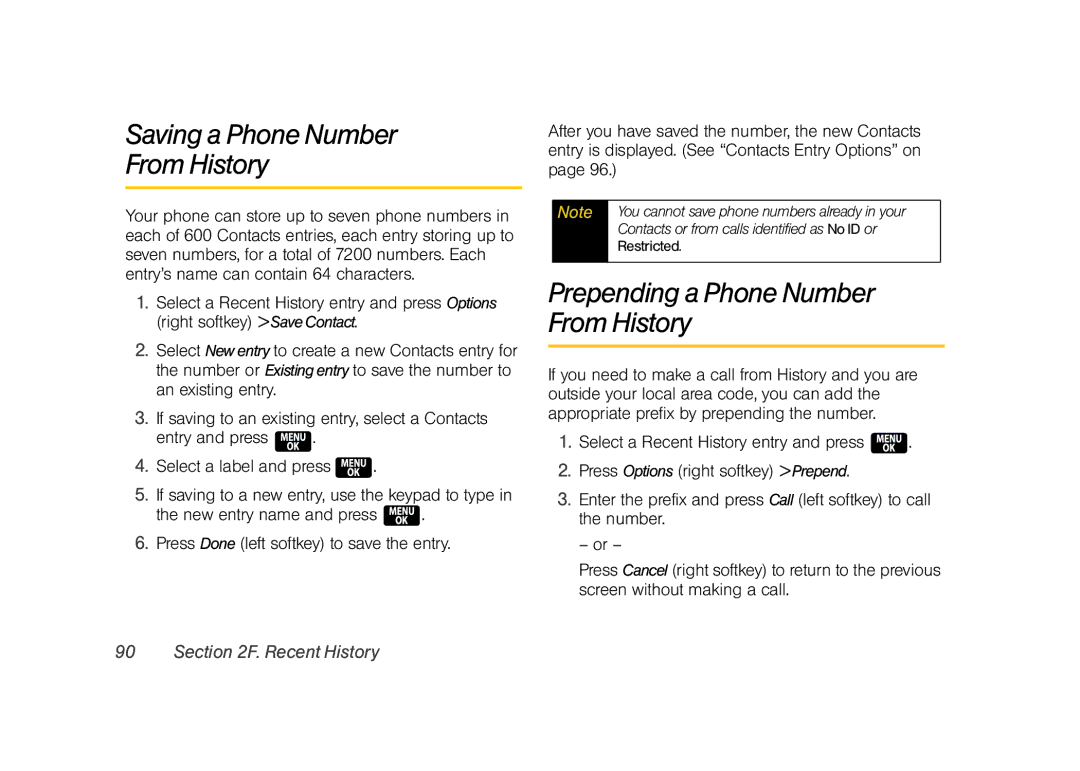 Samsung Z400 manual Saving a Phone Number From History, Prepending a Phone Number From History, Restricted 