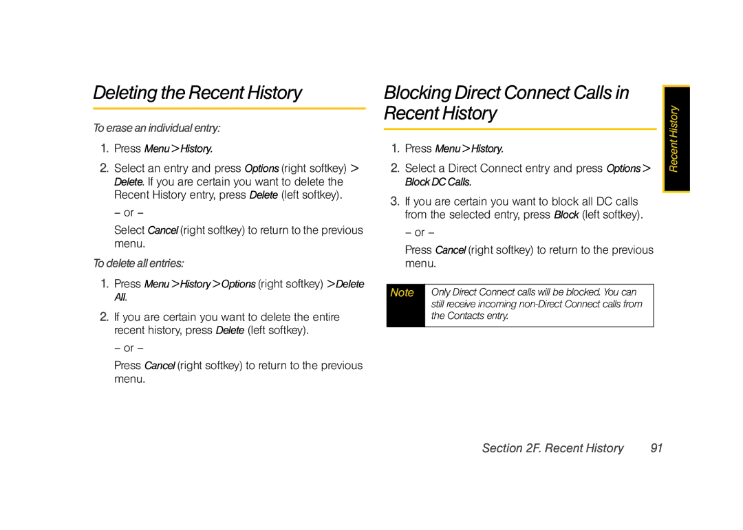 Samsung Z400 Deleting the Recent History, Blocking Direct Connect Calls, Toeraseanindividualentry, Todeleteallentries 