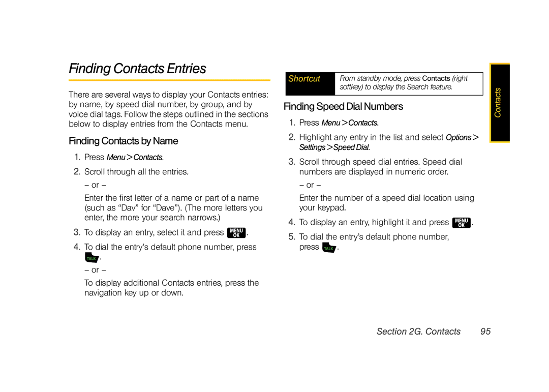 Samsung Z400 manual Finding Contacts Entries, Finding Contacts by Name, Finding Speed Dial Numbers 