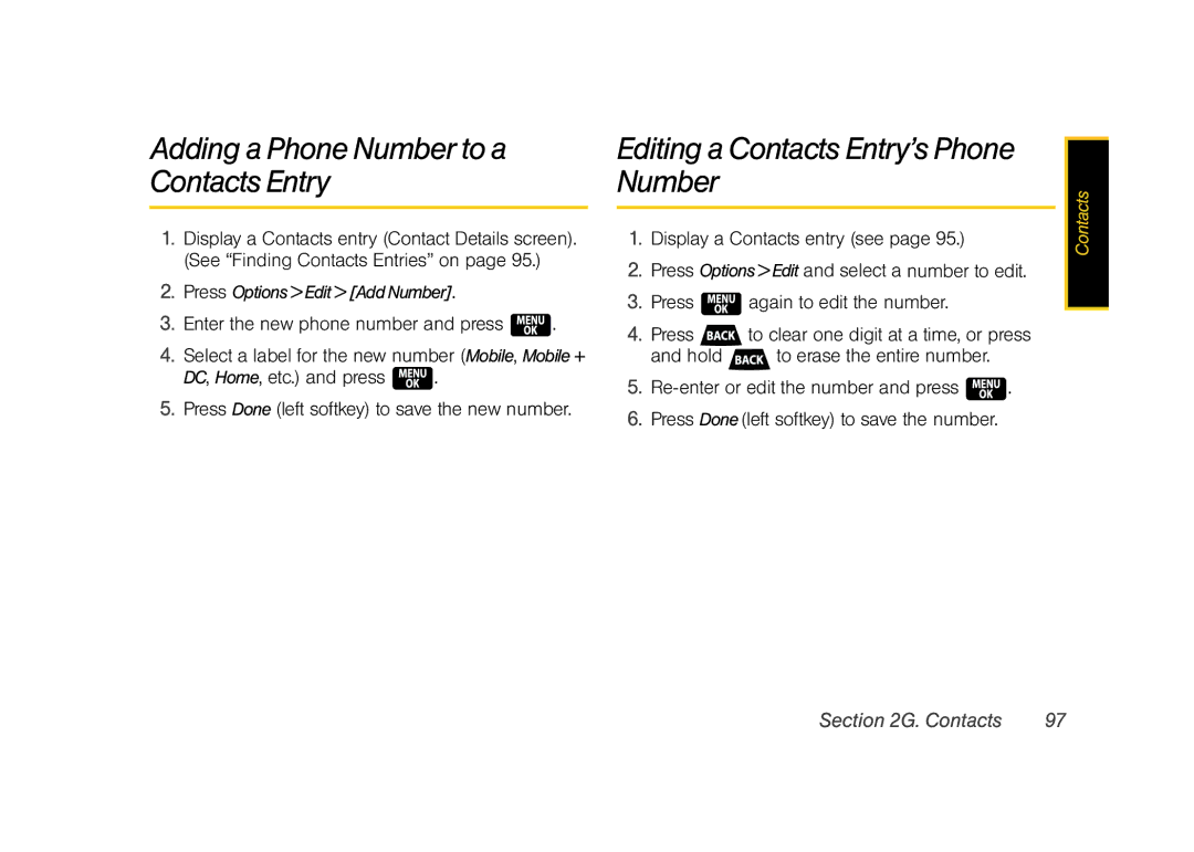 Samsung Z400 manual Adding a Phone Number to a Editing a Contacts Entry’s Phone, Press OptionsEditAddNumber 