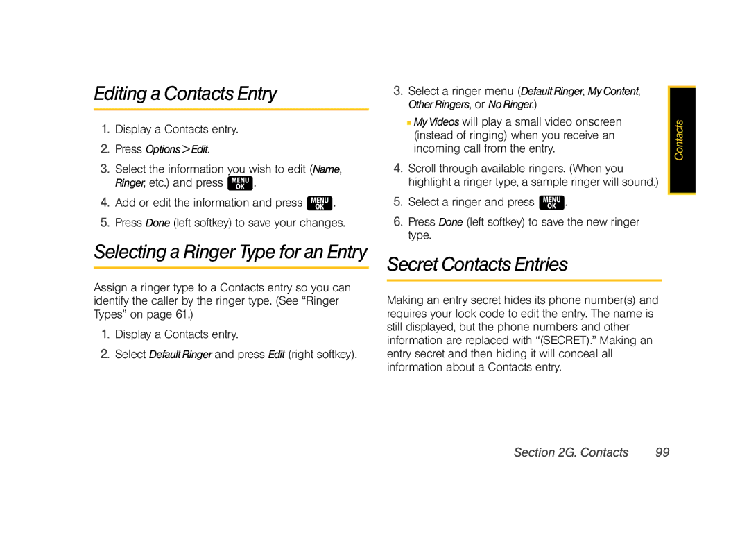 Samsung Z400 manual Editing a Contacts Entry, Secret Contacts Entries 