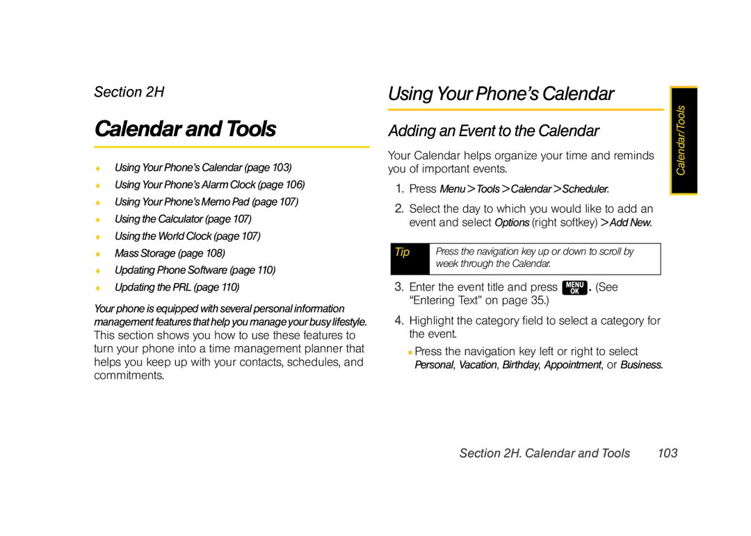 Samsung Z400 manual Using Your Phone’s Calendar, Adding an Event to the Calendar, Calendar and Tools 103 