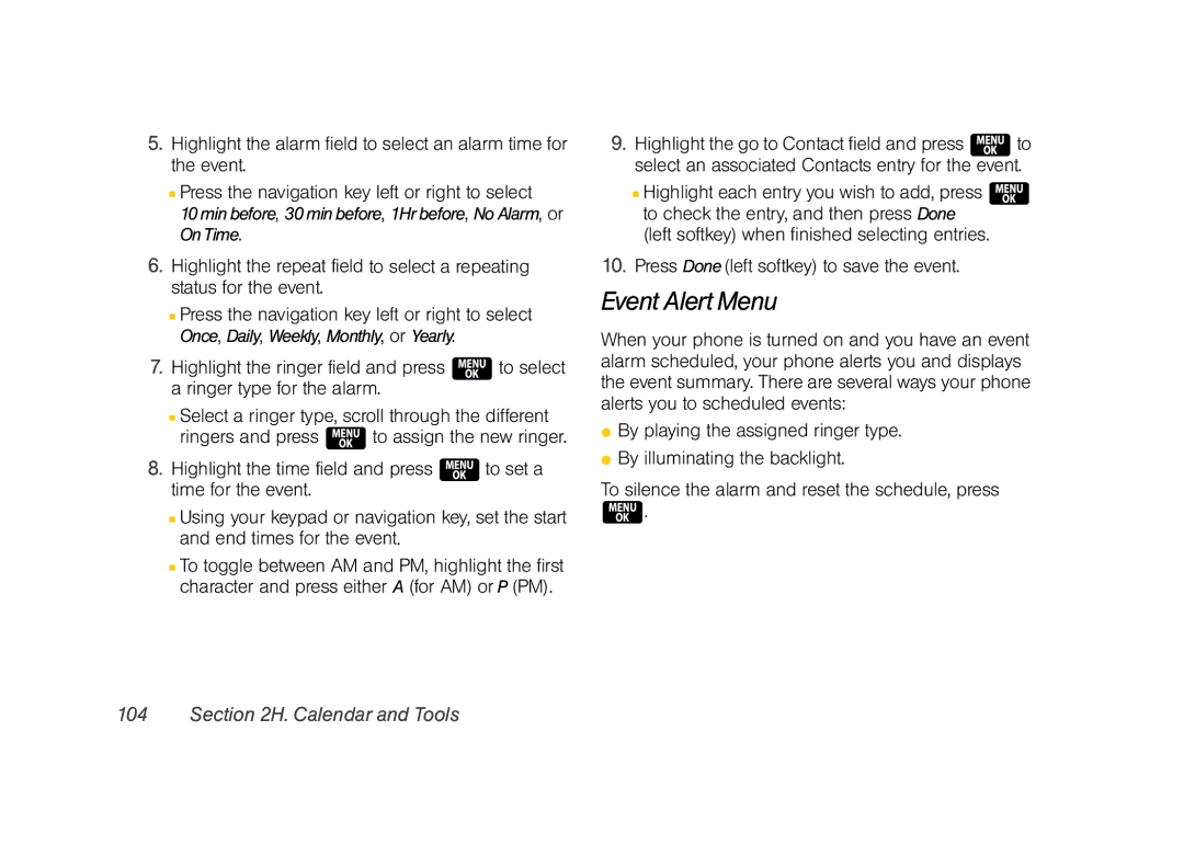 Samsung Z400 manual Event Alert Menu, Calendar and Tools, 10minbefore, 30minbefore, 1Hrbefore, NoAlarm, or OnTime 