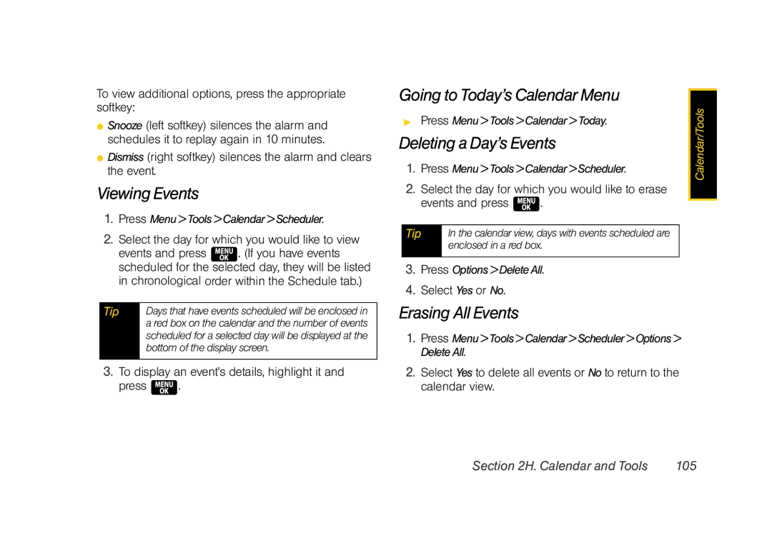 Samsung Z400 manual Viewing Events, Going to Today’s Calendar Menu, Deleting a Day’s Events, Erasing All Events 