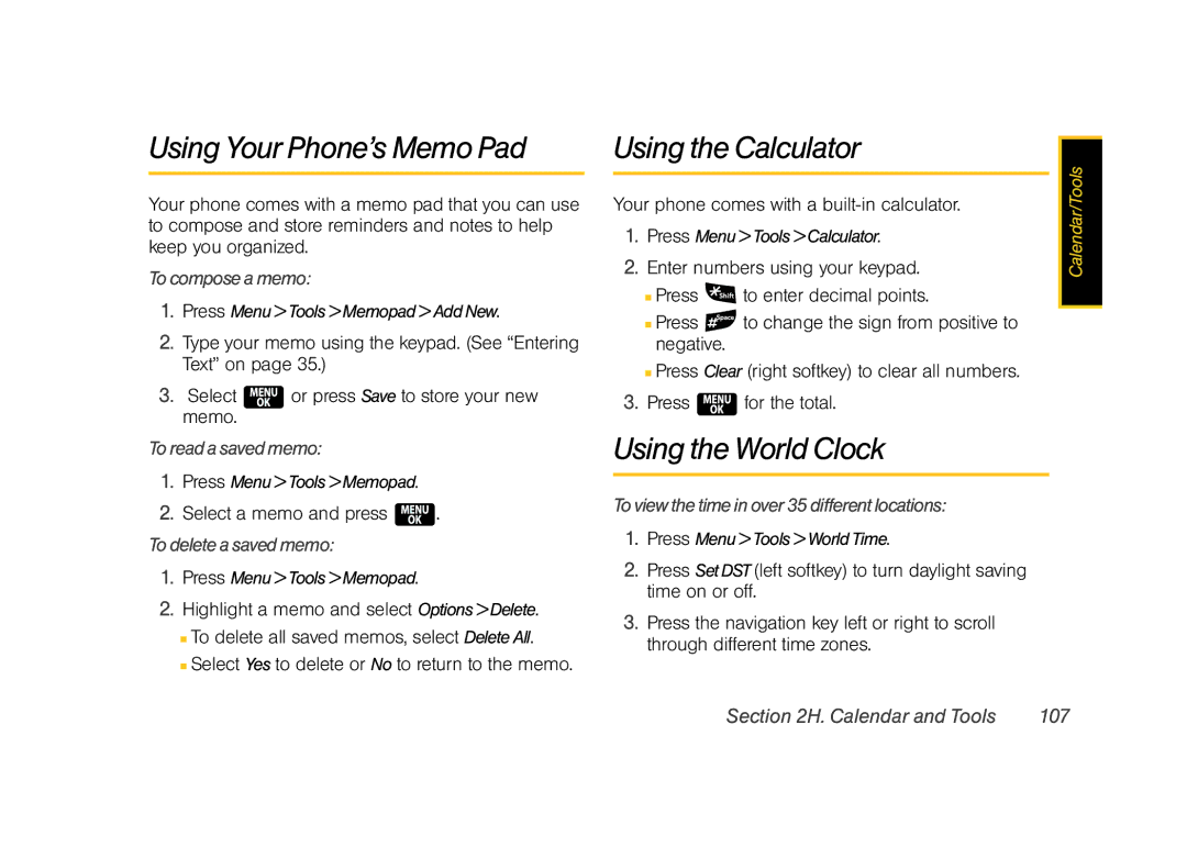 Samsung Z400 manual Using Your Phone’s Memo Pad, Using the Calculator, Using the World Clock 