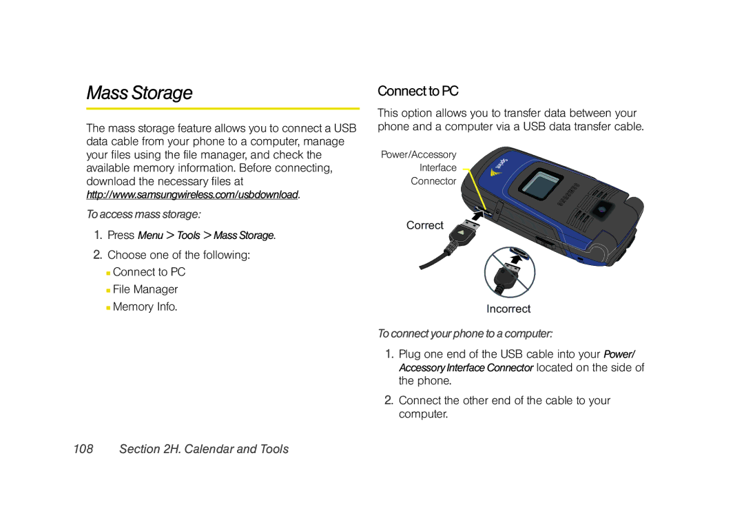 Samsung Z400 manual Mass Storage, Connect to PC, Toaccessmassstorage, Toconnectyourphonetoacomputer 