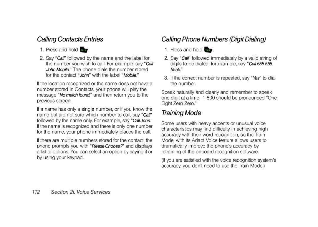 Samsung Z400 Calling Contacts Entries, Calling Phone Numbers Digit Dialing, Training Mode, Press and hold, Voice Services 