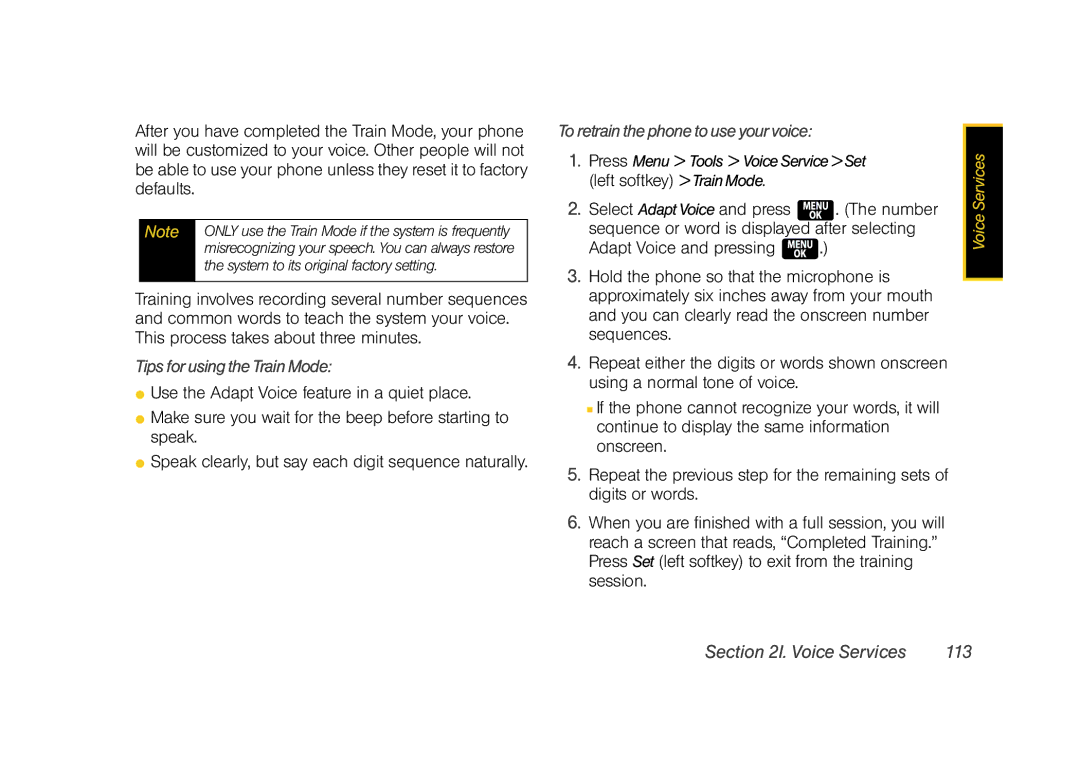 Samsung Z400 manual TipsforusingtheTrainMode, Toretrainthephonetouseyourvoice, Voice Services 113 