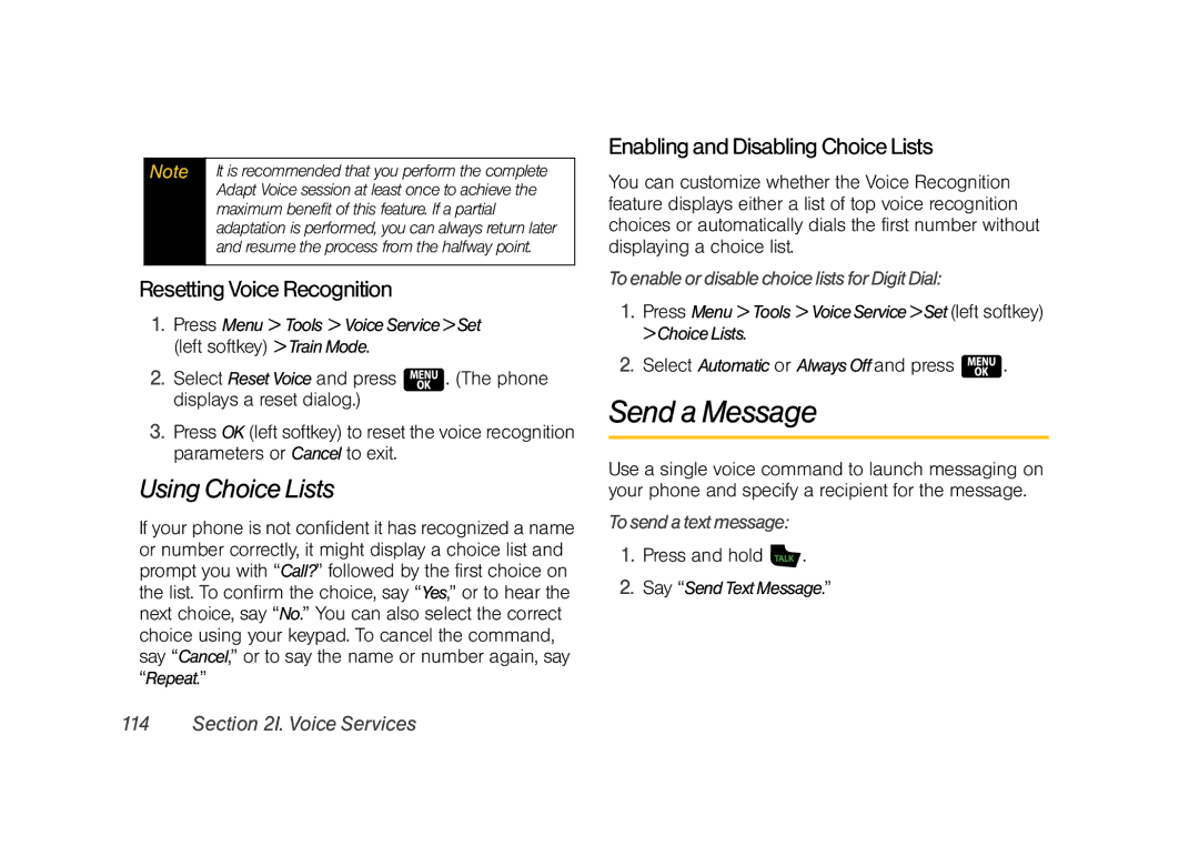 Samsung Z400 manual Send a Message, Using Choice Lists, Resetting Voice Recognition, Enabling and Disabling Choice Lists 