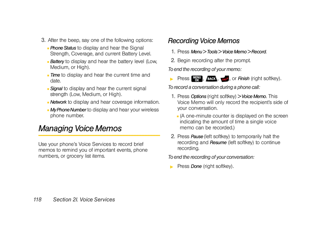 Samsung Z400 Managing Voice Memos, Recording Voice Memos, Toendtherecordingofyourmemo, Toendtherecordingofyourconversation 