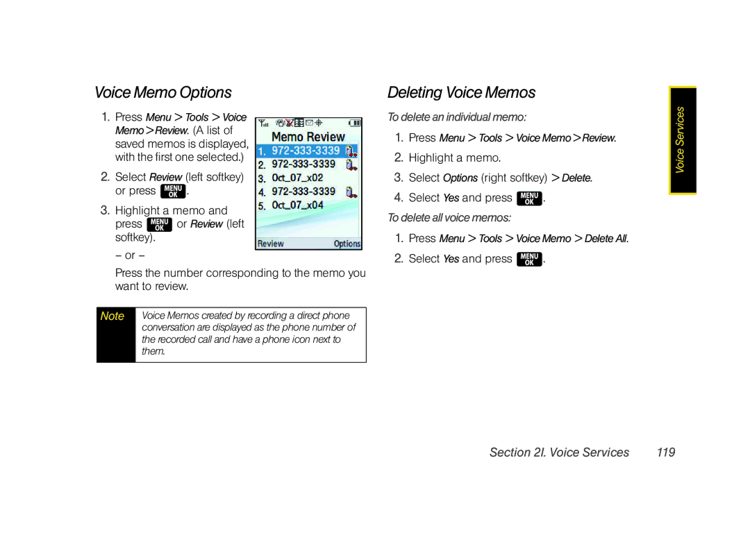 Samsung Z400 Voice Memo Options, Deleting Voice Memos, Todeleteanindividualmemo, Todeleteallvoicememos, Voice Services 119 