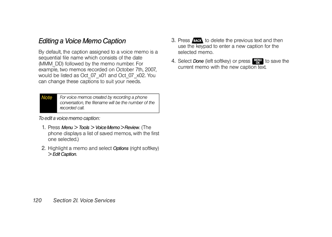 Samsung Z400 manual Editing a Voice Memo Caption, Toeditavoicememocaption, For voice memos created by recording a phone 