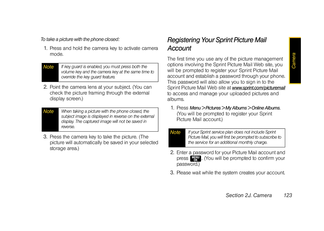 Samsung Z400 manual Registering Your Sprint Picture Mail Account, Totakeapicturewiththephoneclosed, Camera 123 