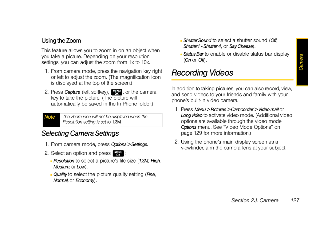 Samsung Z400 manual Recording Videos, Selecting Camera Settings, Using the Zoom, Camera 127 