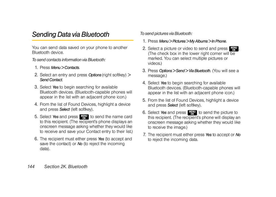 Samsung Z400 manual Sending Data via Bluetooth, TosendcontactsinformationviaBluetooth, TosendpicturesviaBluetooth 