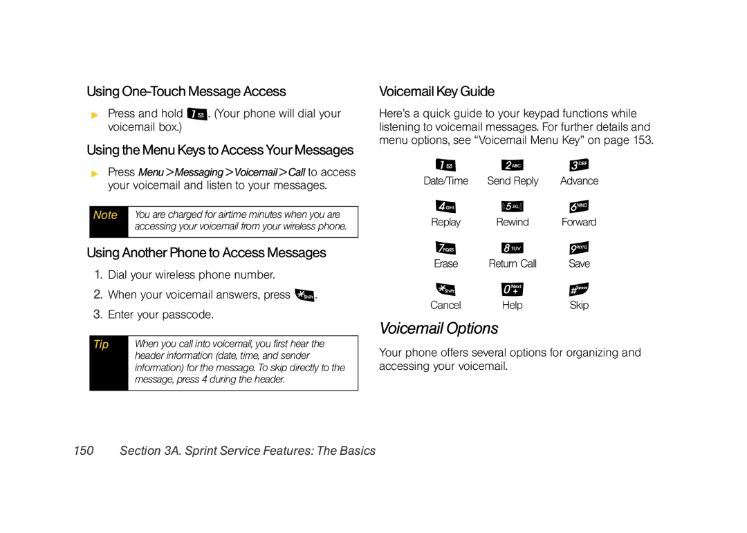 Samsung Z400 manual Voicemail Options, Using One-Touch Message Access, Voicemail Key Guide 