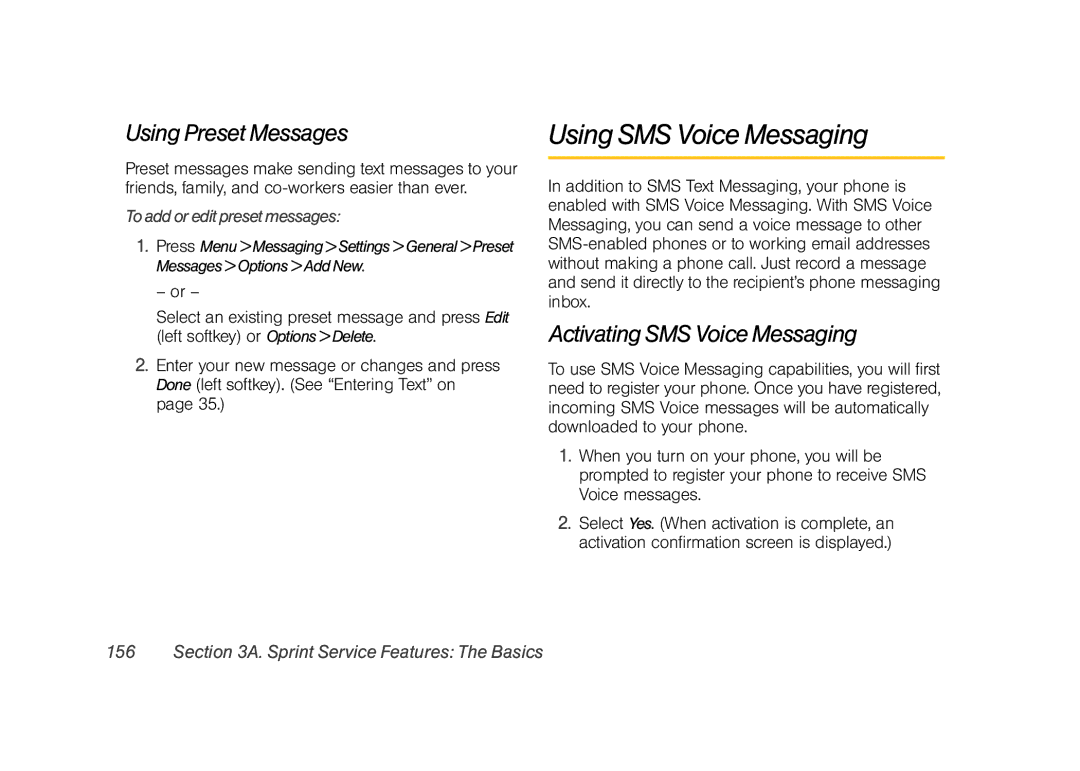 Samsung Z400 Using SMS Voice Messaging, Using Preset Messages, Activating SMS Voice Messaging, Toaddoreditpresetmessages 