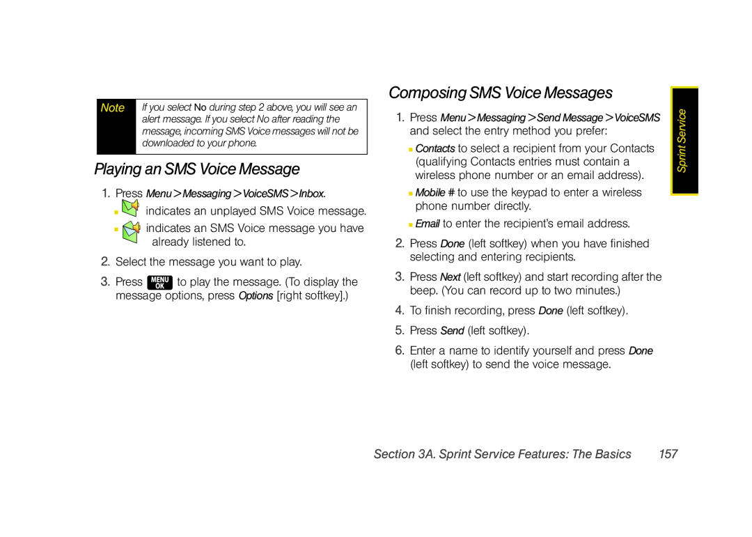Samsung Z400 manual Playing an SMS Voice Message, Composing SMS Voice Messages, Sprint Service Features The Basics 157 