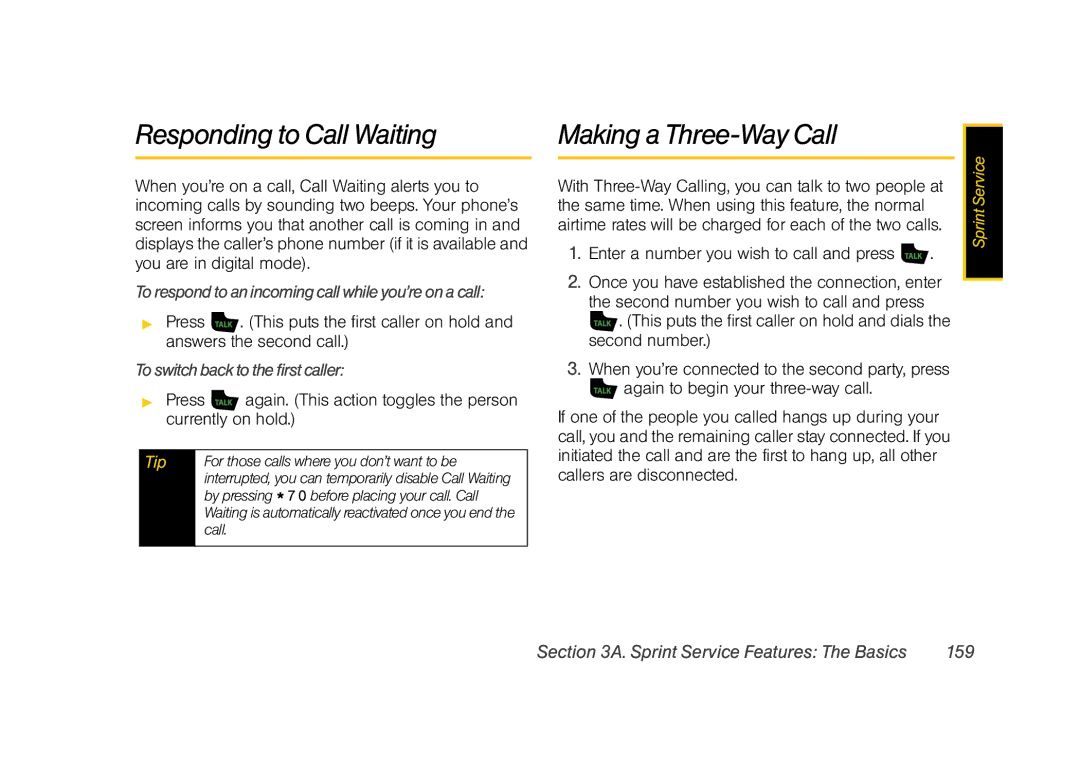 Samsung Z400 manual Responding to Call Waiting, Making a Three-Way Call, Torespondtoanincomingcallwhileyou’reonacall 