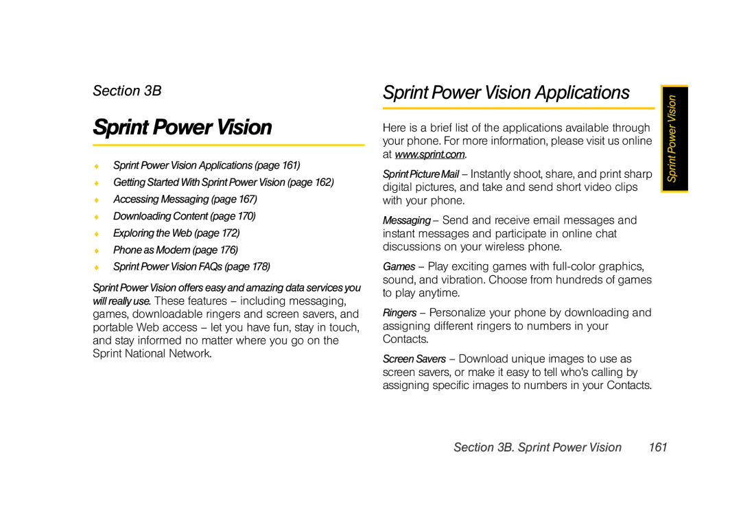 Samsung Z400 manual Sprint Power Vision Applications, Sprint Power Vision 161 