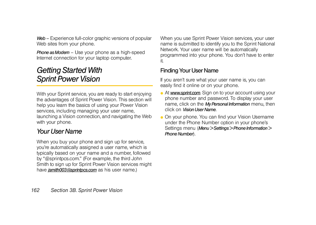 Samsung Z400 manual Getting Started With Sprint Power Vision, Finding Your User Name 