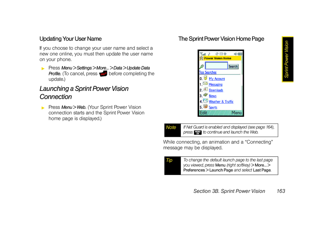 Samsung Z400 manual Launching a Sprint Power Vision Connection, Updating Your User Name, Sprint Power Vision Home 