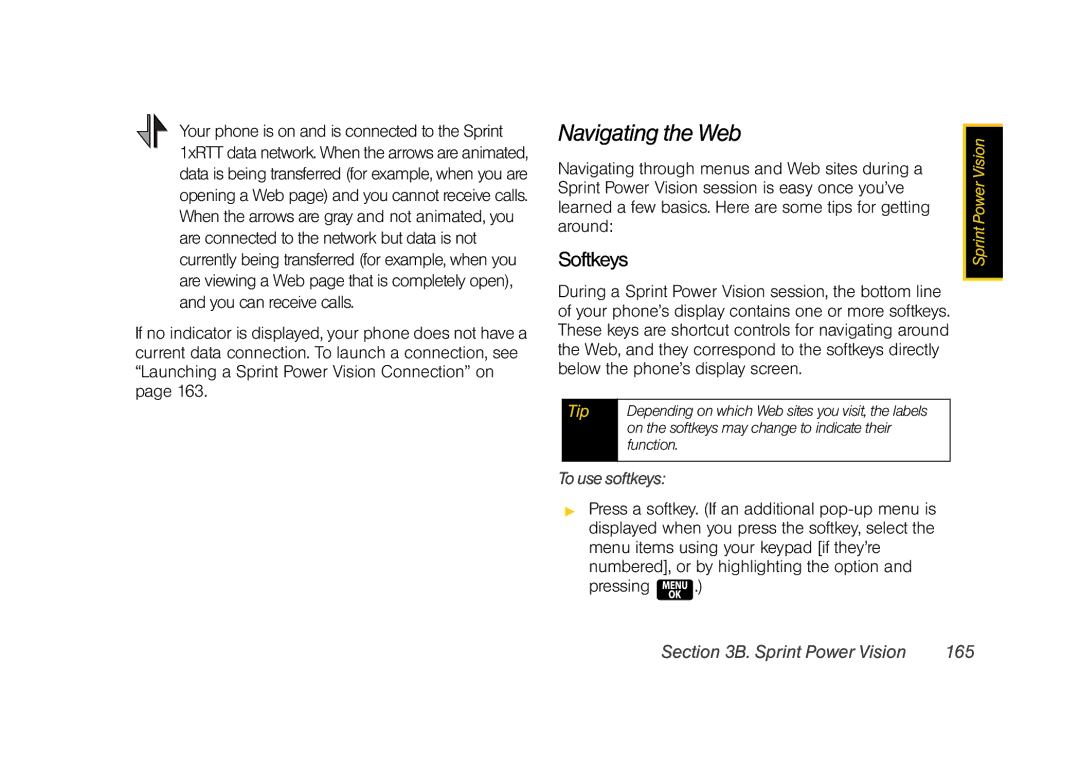 Samsung Z400 manual Navigating the Web, Softkeys, Tousesoftkeys, Sprint Power Vision 165 