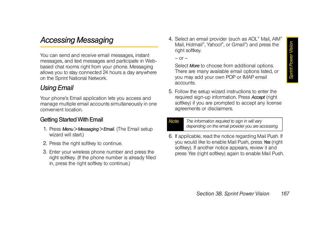 Samsung Z400 manual Accessing Messaging, Using Email, Getting Started With Email, Sprint Power Vision 167 