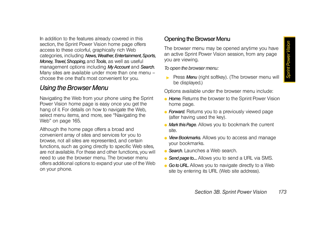 Samsung Z400 manual Using the Browser Menu, Opening the Browser Menu, Toopenthebrowsermenu, Sprint Power Vision 173 