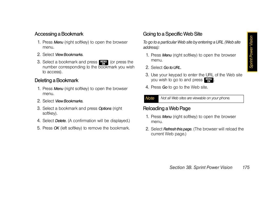 Samsung Z400 manual Accessing a Bookmark, Deleting a Bookmark, Reloading a Web, Address, Sprint Power Vision 175 