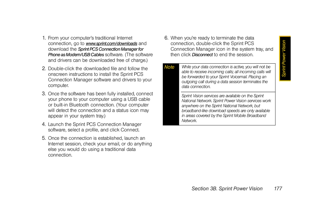 Samsung Z400 manual Sprint Power Vision 177, Data connection, Sprint Vision services are available on the Sprint 