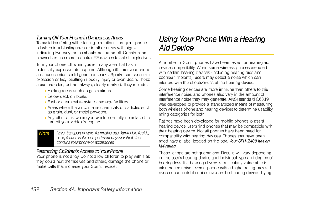 Samsung Z400 manual Using Your Phone With a Hearing Aid Device, Turning Off Your Phone in Dangerous Areas 