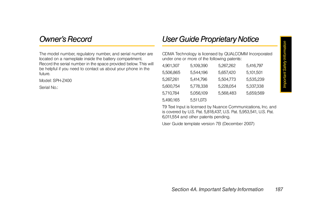 Samsung Z400 manual Owner’s Record User Guide Proprietary Notice, Important Safety Information 187 