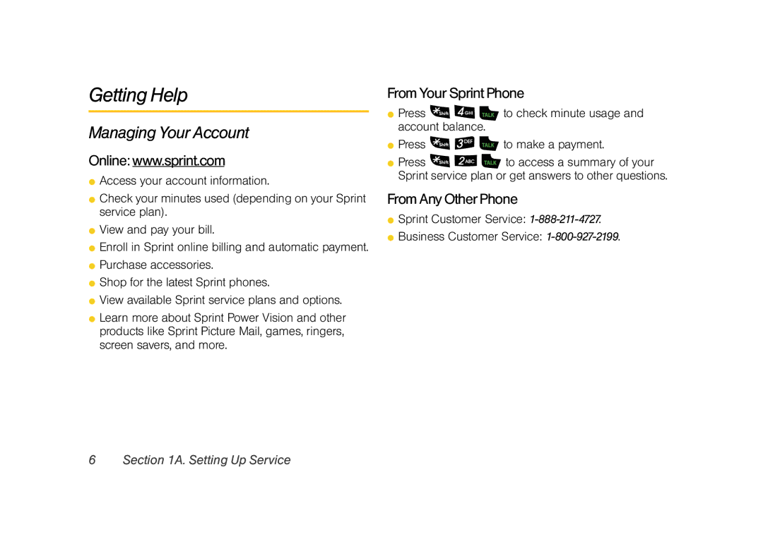 Samsung Z400 manual Getting Help, Managing Your Account, From Your Sprint Phone, From Any Other Phone 