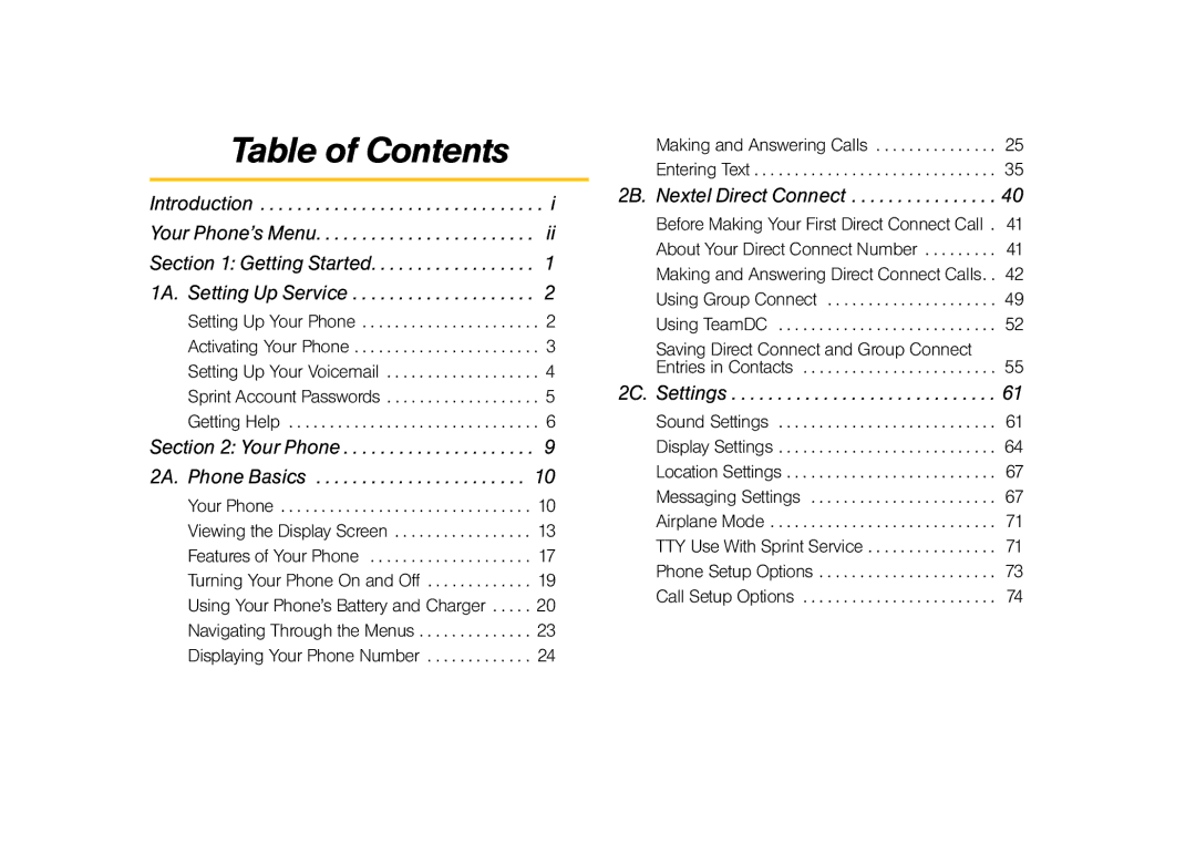 Samsung Z400 manual Table of Contents 