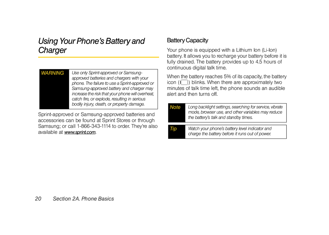 Samsung Z400 manual Using Your Phone’s Battery and Charger, Battery Capacity 