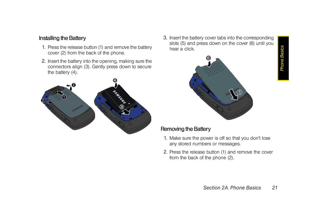 Samsung Z400 manual Installing the Battery, Removing the Battery 