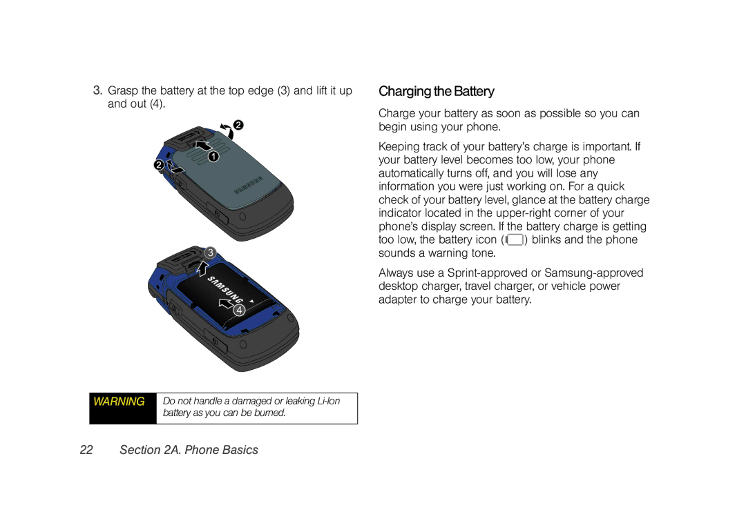 Samsung Z400 manual Charging the Battery, Grasp the battery at the top edge 3 and lift it up and out 