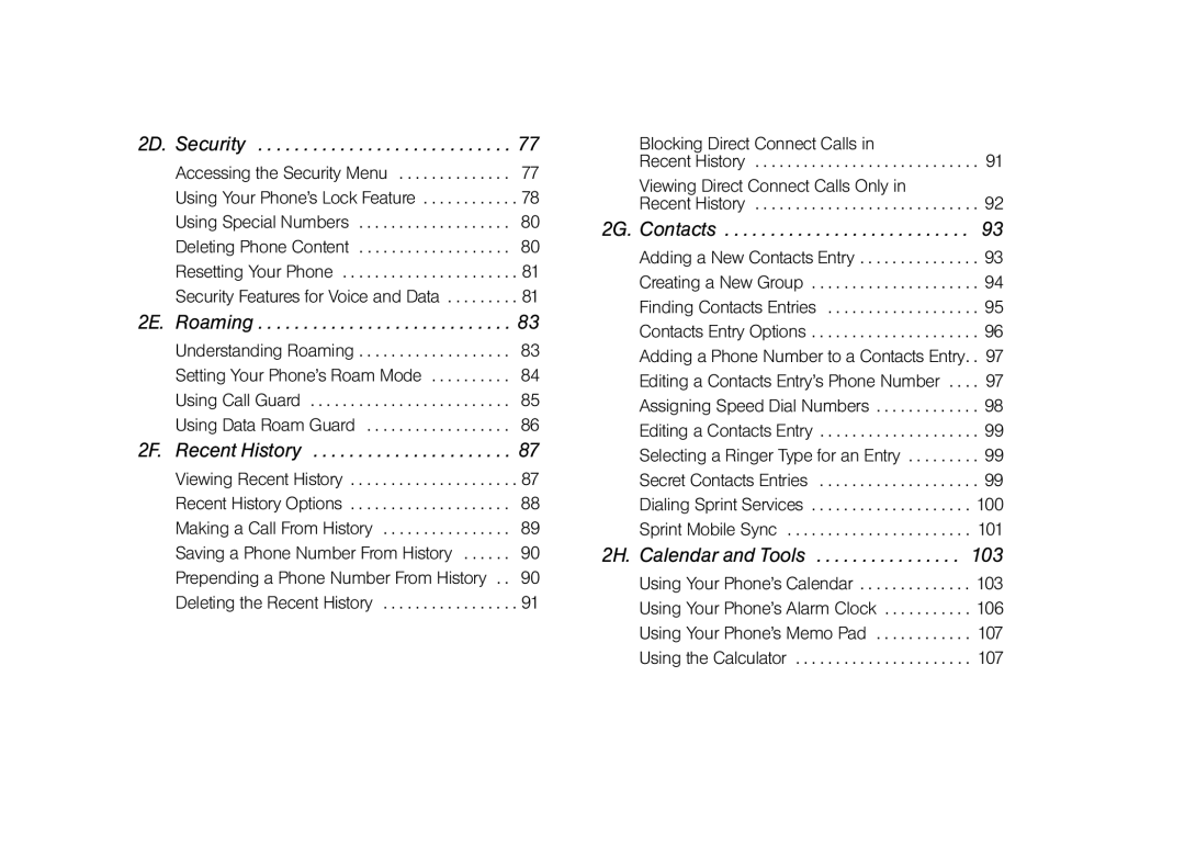 Samsung Z400 manual 2D. Security, 2E. Roaming, 2F. Recent History, 2G. Contacts, 2H. Calendar and Tools 