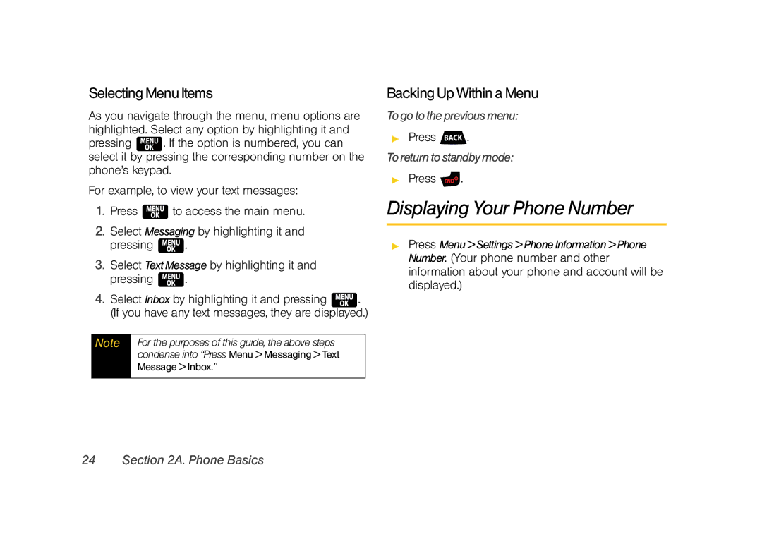 Samsung Z400 manual Displaying Your Phone Number, Selecting Menu Items, Togotothepreviousmenu, Toreturntostandbymode 