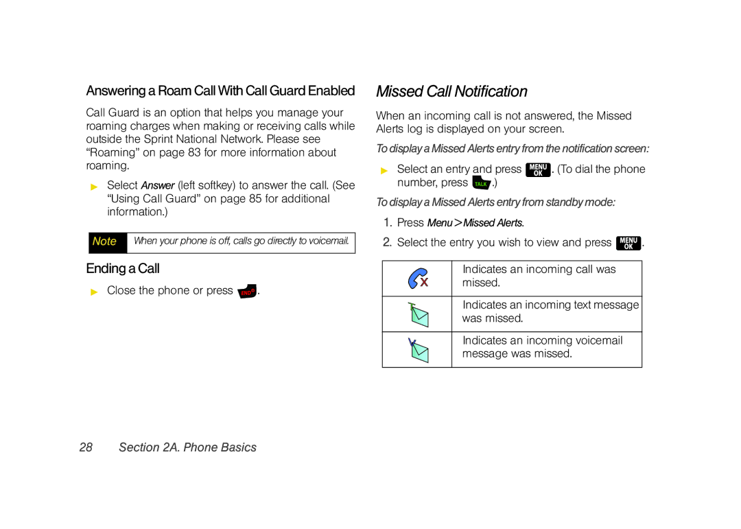 Samsung Z400 manual Missed Call Notification, Ending a Call, TodisplayaMissedAlertsentryfromthenotificationscreen 