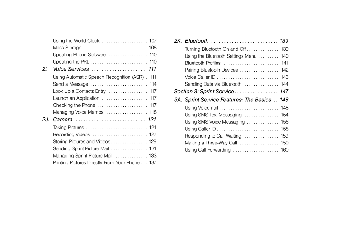 Samsung Z400 manual 2I. Voice Services, 2J. Camera, 2K. Bluetooth, Sprint Service 3A. Sprint Service Features The Basics 