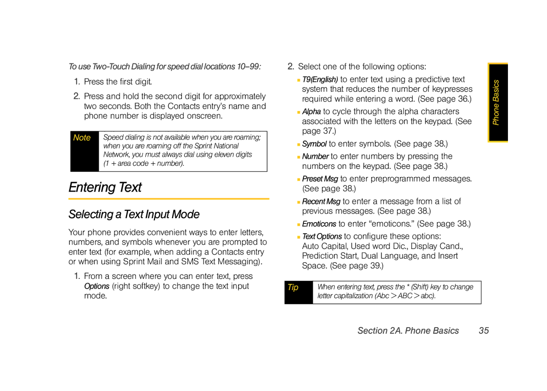 Samsung Z400 manual Entering Text, Selecting a Text Input Mode, TouseTwo-TouchDialingforspeeddiallocations10-99 