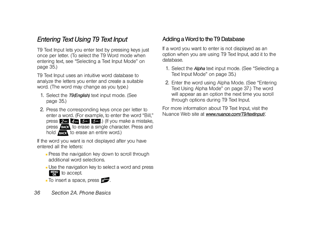 Samsung Z400 Entering Text Using T9 Text Input, Adding a Word to the T9 Database, To accept  To insert a space, press 