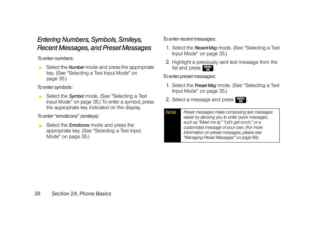 Samsung Z400 manual Toenternumbers, Toentersymbols, Toenteremoticonssmileys, Toenterrecentmessages, Toenterpresetmessages 