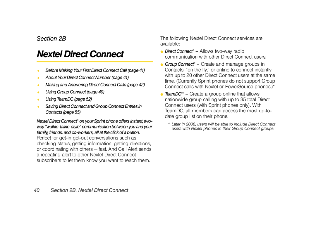 Samsung Z400 manual Following Nextel Direct Connect services are available 