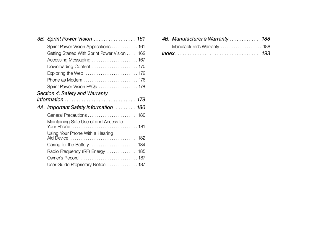 Samsung Z400 manual 161, 188, 193, 4B. Manufacturer’s Warranty, 3B. Sprint Power Vision 