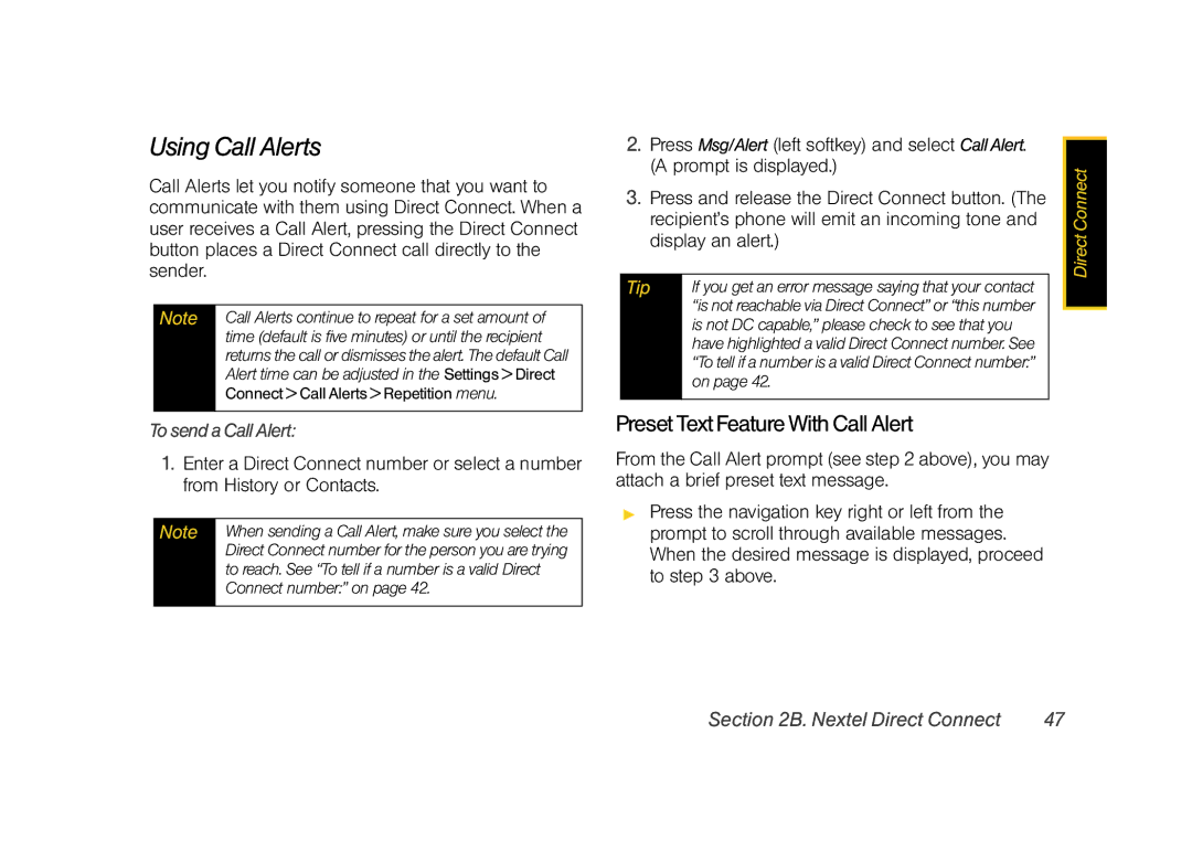 Samsung Z400 manual Using Call Alerts, Preset Text Feature With Call Alert, TosendaCallAlert, Display an alert 